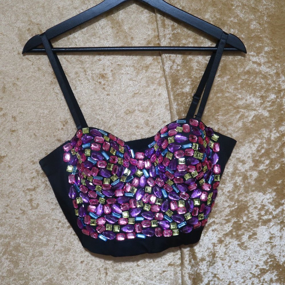 Akira Black Multicolor Gem Bustier Top - Large